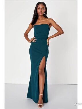 Lulus Small Marvelous Entrance Emerald Green Pleated Strapless Maxi Dress NWT